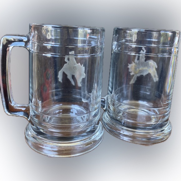 2 Glass Beer Mugs Steins Pewter Cowboy Horse Bull Rodeo Metalworks Pendleton - Picture 2 of 10